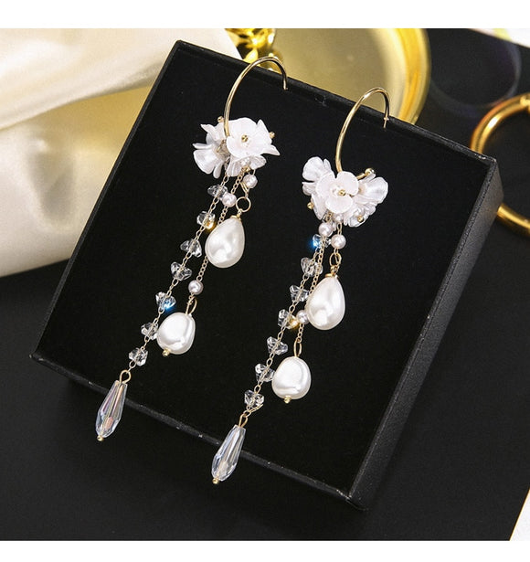 Vintage Crystal Water Drop Women Dangle Pearl Earrings