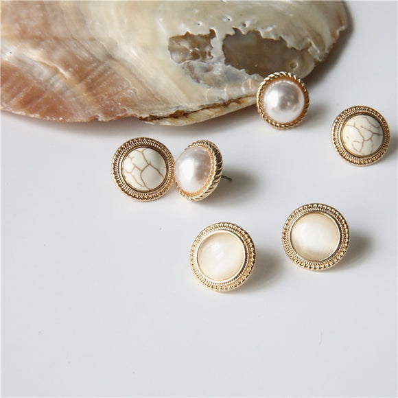 2019 New Vintage Round Marble Opal Stone Big Stud Earrings
